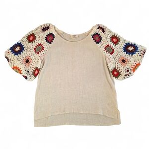 Umgee Linen Blend Boho Blouse Crochet Granny Square Puff Sleeve Women Small